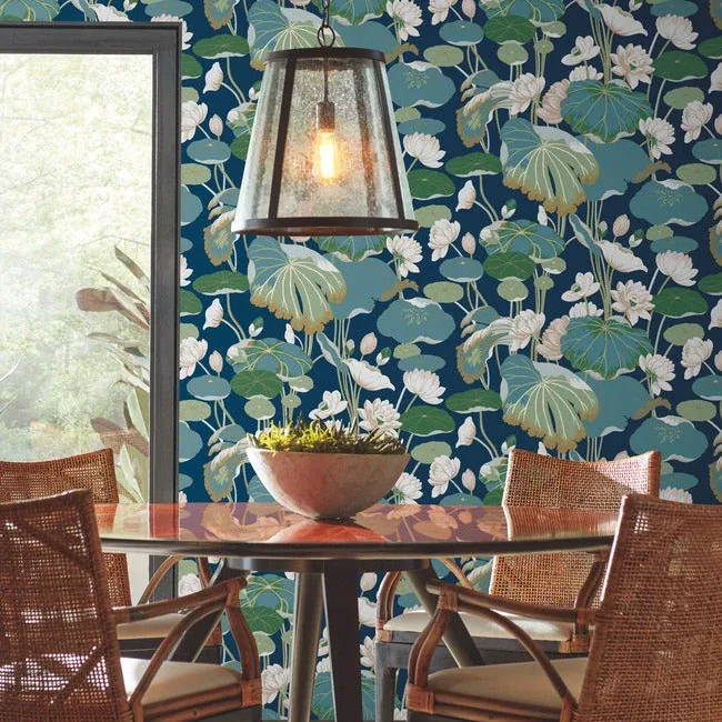 York Wallcoverings Lotus Pond Navy Metallic Wallpaper - SKU GO8295