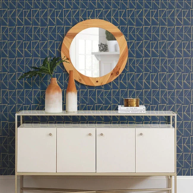 York Wallcoverings Love Triangles Blue & Gold Metallic Peel & Stick Wallpaper | Wallpaper Twins York Wallcoverings Love Triangles Blue & Gold Metallic Peel & Stick Wallpaper - SKU PSW1256RL
