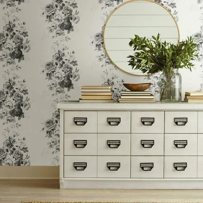 York Wallcoverings Magnolia Home Tea Rose White & Black Peel & Stick Wallpaper - SKU PSW1157RL