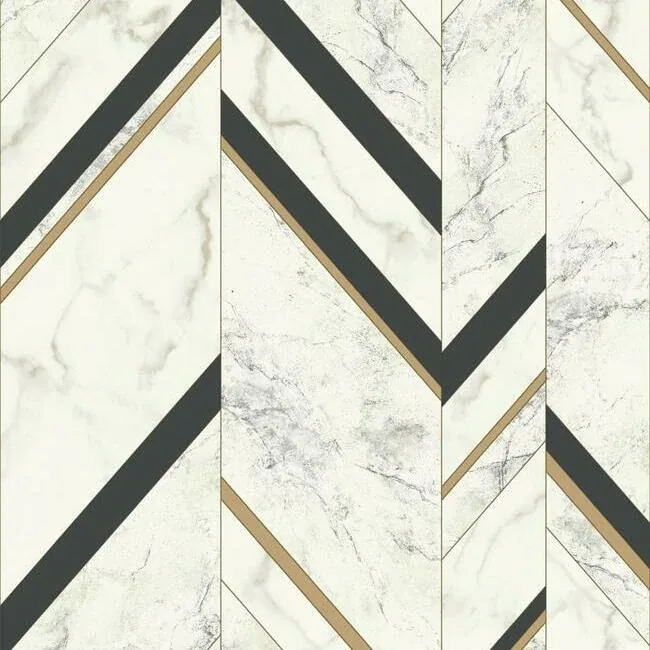 York Wallcoverings Marble Chevron Black & Gold Wallpaper - SKU MM1805