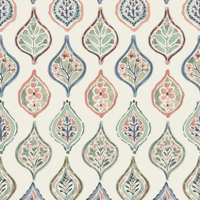 MN1853 | Marketplace Motif Off White & Green Wallpaper