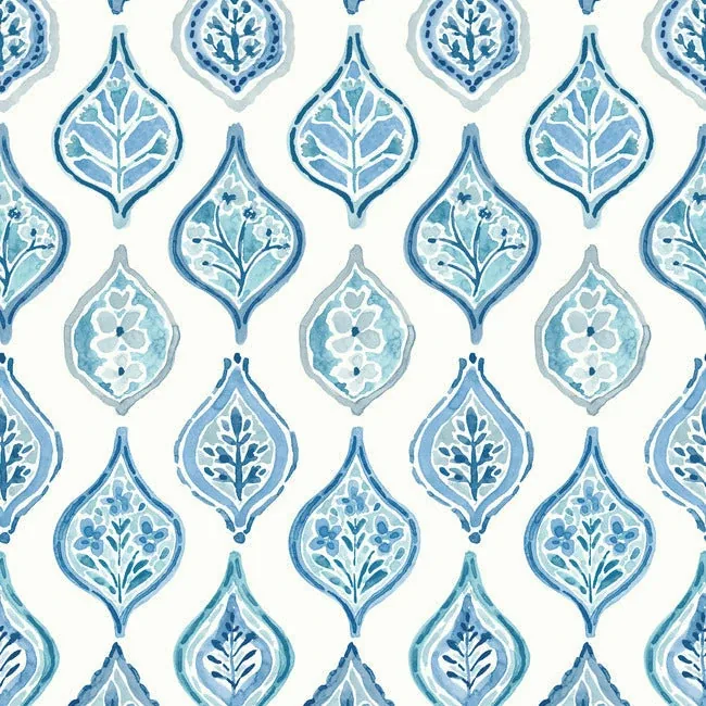 MN1850 | Marketplace Motif White & Blue Wallpaper