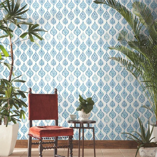 York Wallcoverings Marketplace Motif White & Blue Wallpaper - SKU MN1850