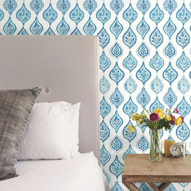 York Wallcoverings Marketplace Motif White & Blue Wallpaper - SKU MN1850