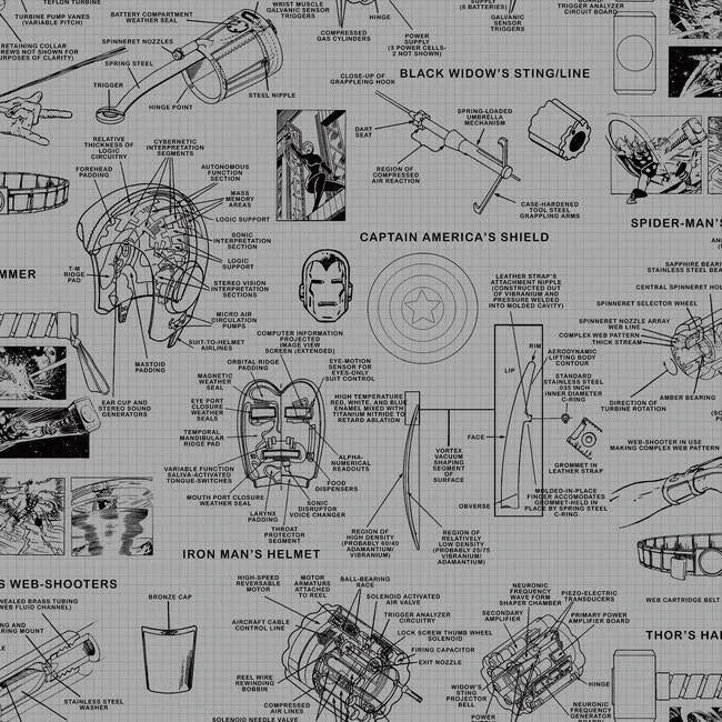 York Wallcoverings Marvels Heroes Schematics Grey & Black Wallpaper - SKU DI0936