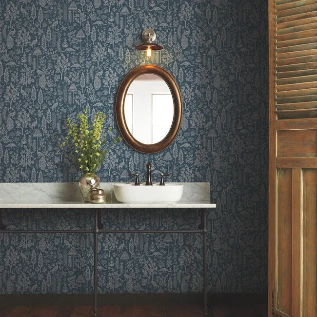 York Wallcoverings Menagerie Toile Dark Blue Wallpaper - SKU RP7372