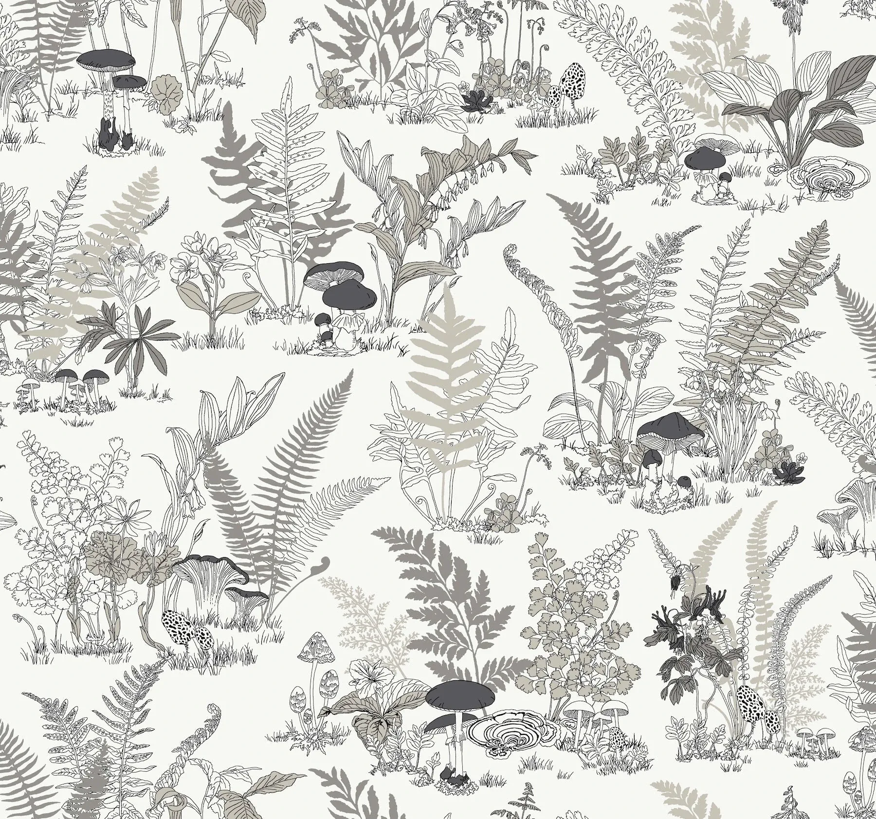 RT7893 | Mushroom Garden Toile Black & Grey Wallpaper