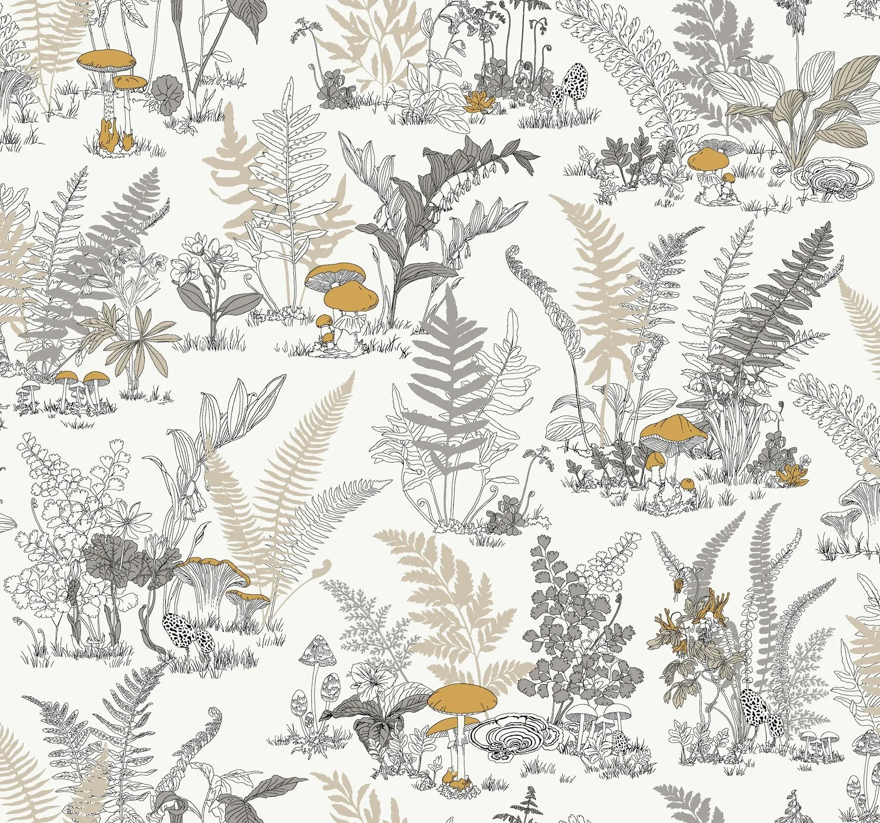 RT7892 | Mushroom Garden Toile Neutral & Gold Wallpaper