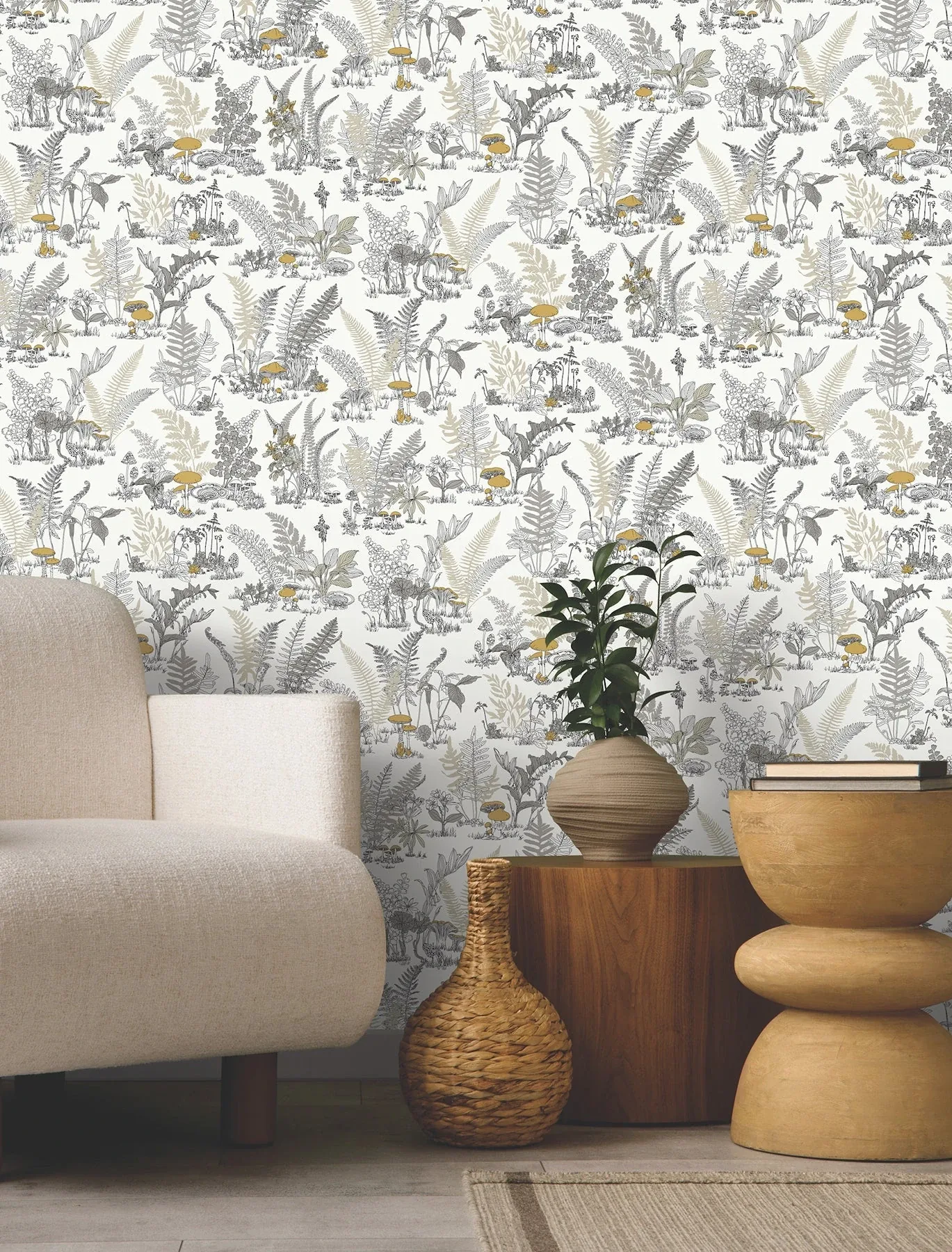 York Wallcoverings Mushroom Garden Toile Neutral & Gold Wallpaper - SKU RT7892