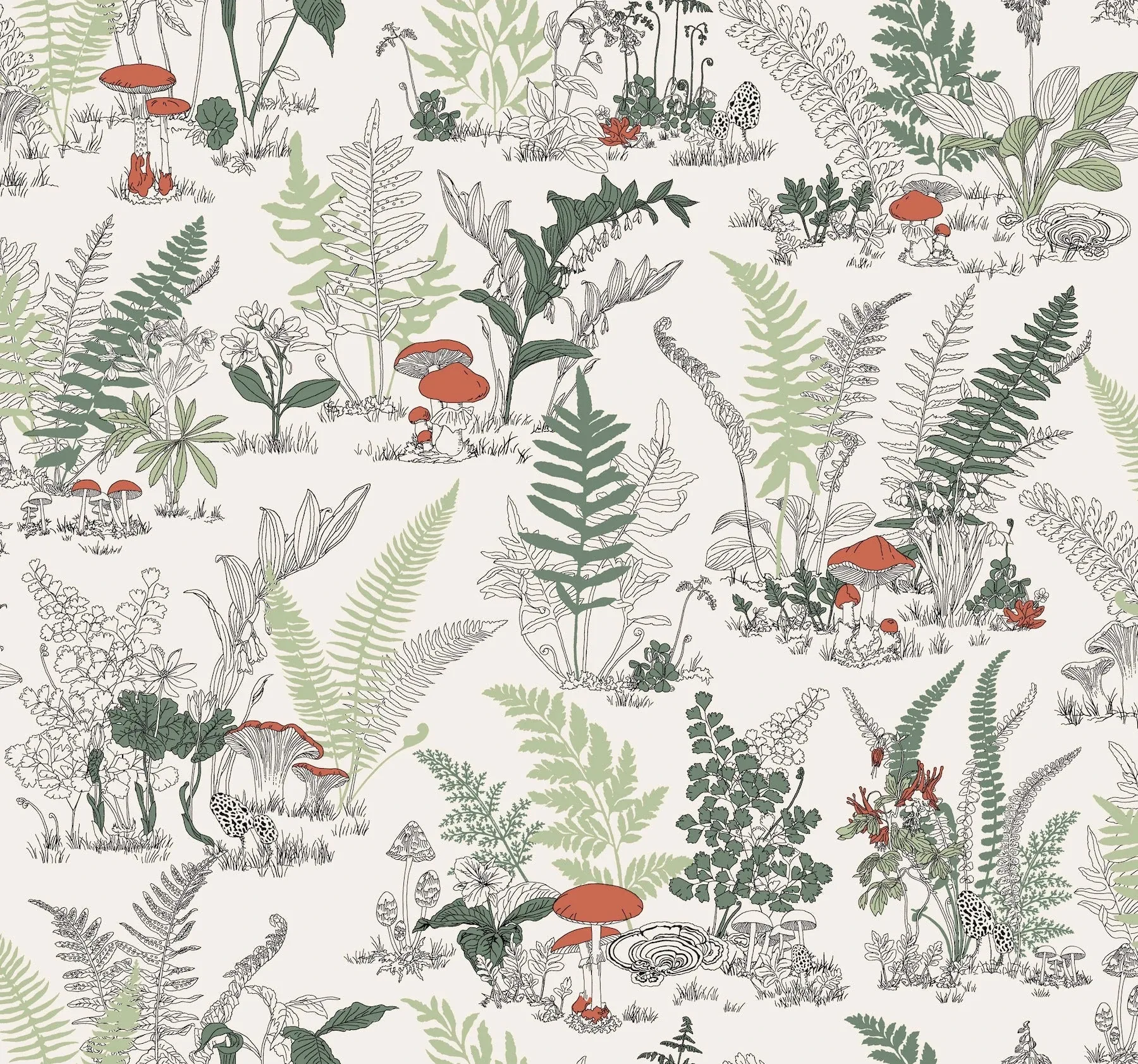 York Wallcoverings Mushroom Garden Toile Red & Green Wallpaper - SKU RT7891