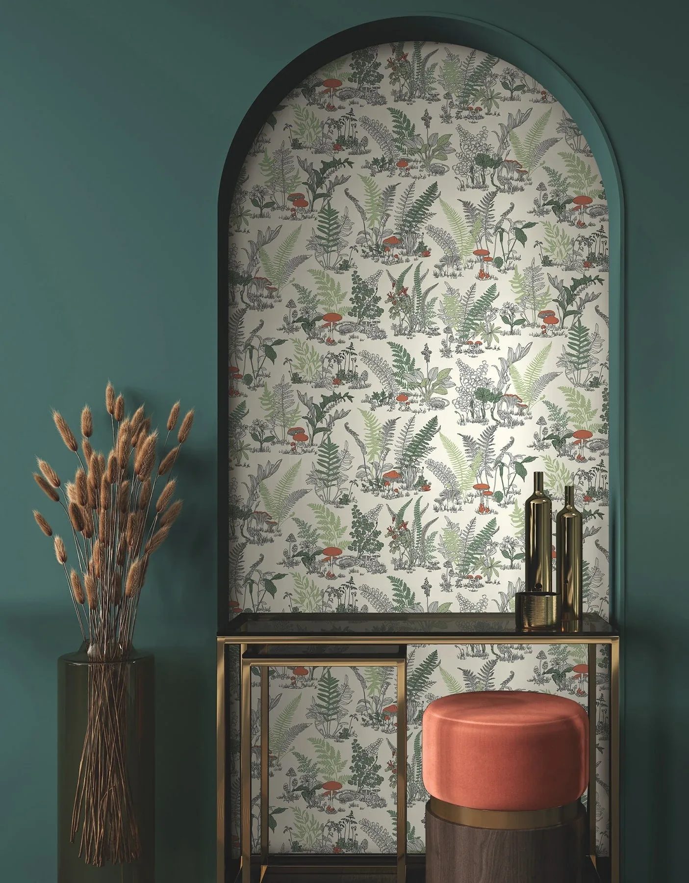 York Wallcoverings Mushroom Garden Toile Red & Green Wallpaper - SKU RT7891
