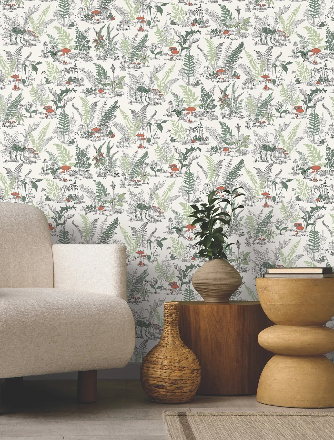 York Wallcoverings Mushroom Garden Toile Red & Green Wallpaper - SKU RT7891