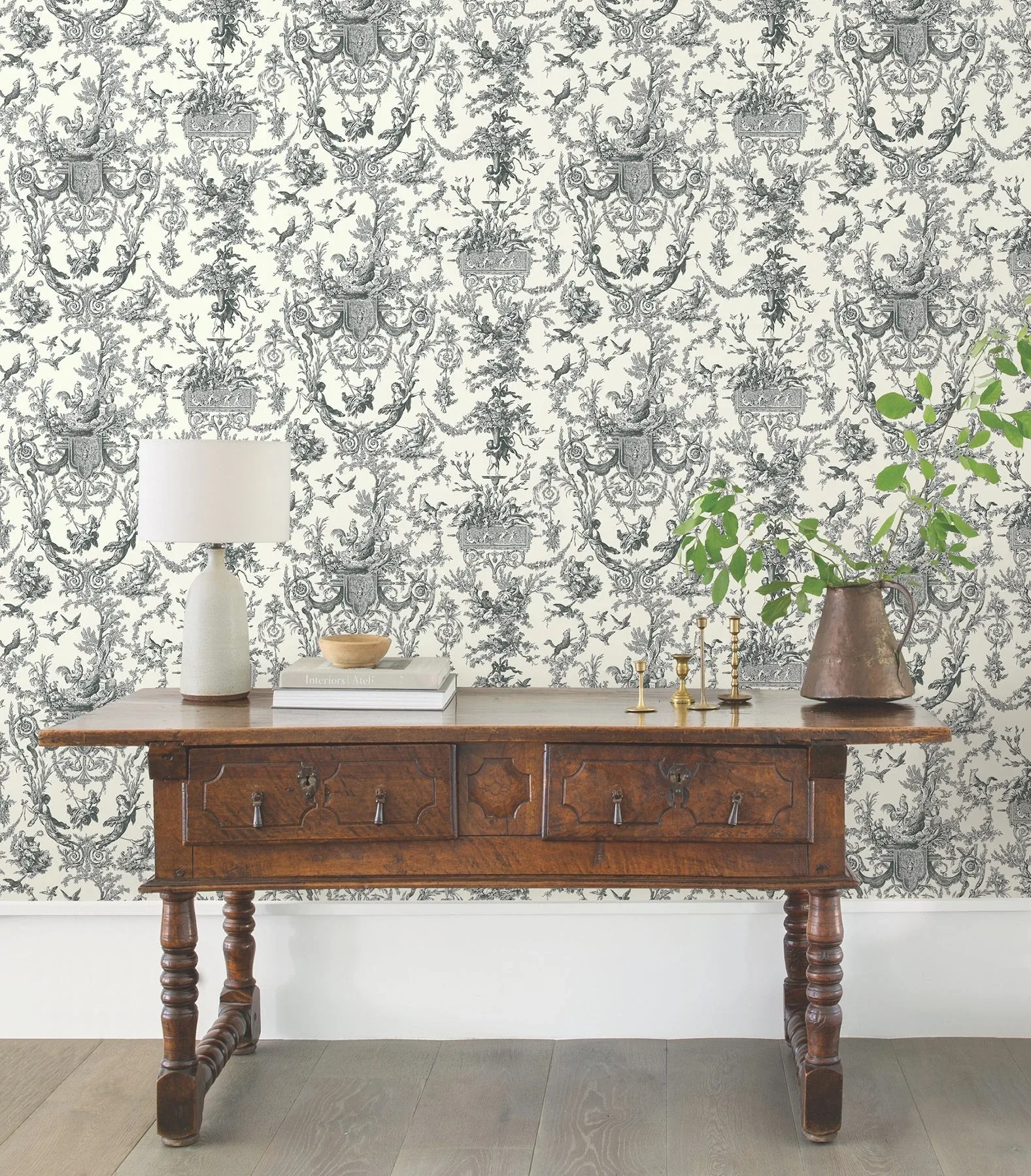 York Wallcoverings Old World Toile Black & White Wallpaper | Wallpaper Twins York Wallcoverings Old World Toile Black & White Wallpaper - SKU AT4237
