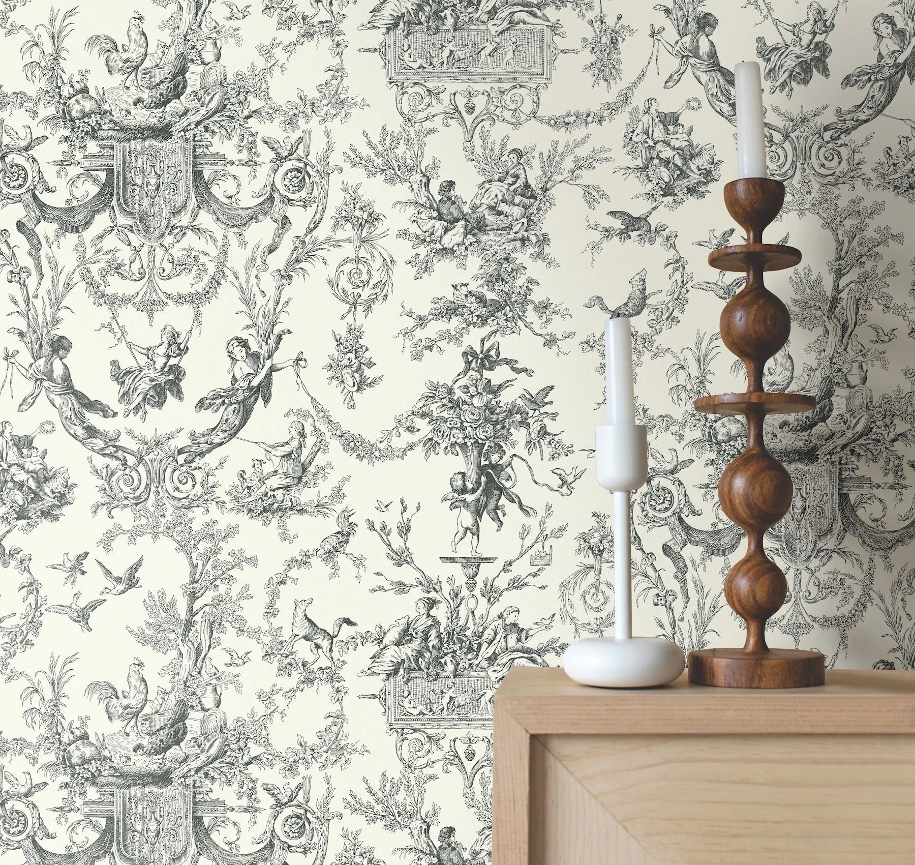 York Wallcoverings Old World Toile Black & White Wallpaper | Wallpaper Twins York Wallcoverings Old World Toile Black & White Wallpaper - SKU AT4237