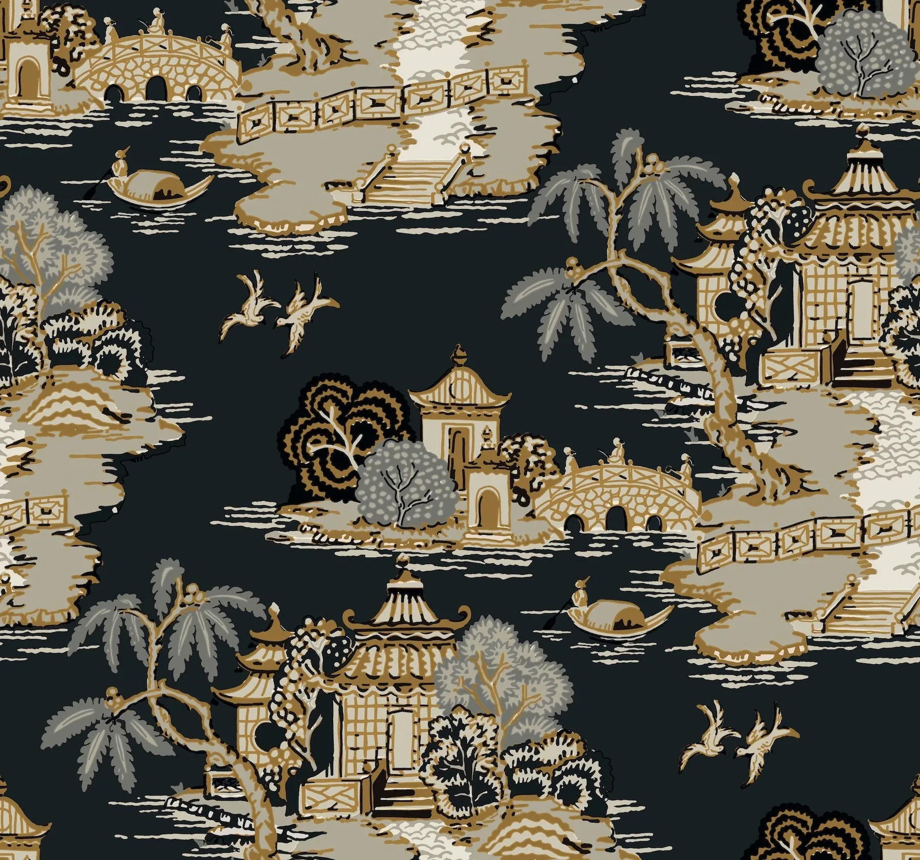 York Wallcoverings Pagoda And Sampan Scenic Black Wallpaper - SKU RT7902