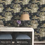 York Wallcoverings Pagoda And Sampan Scenic Black Wallpaper - SKU RT7902