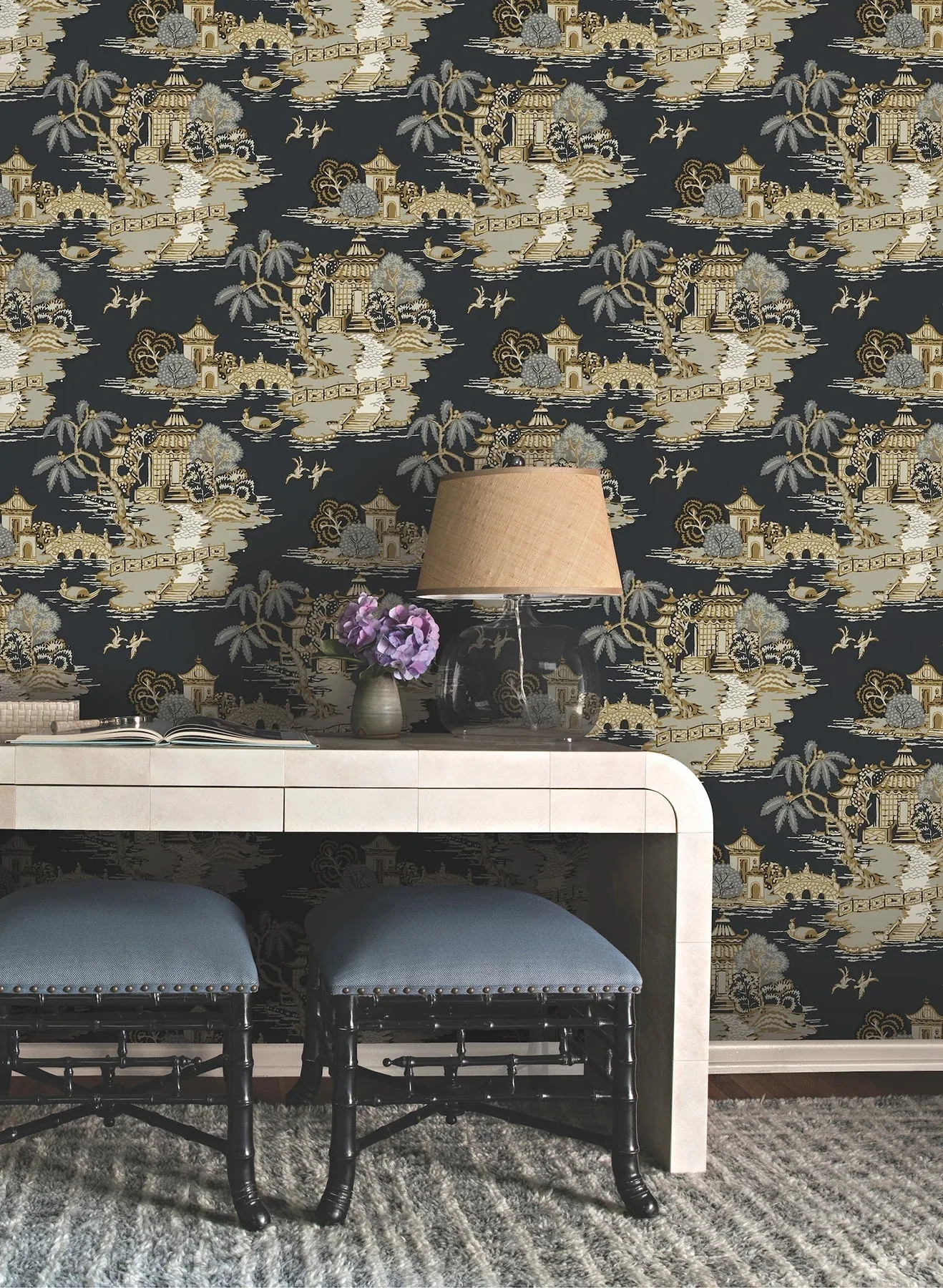 York Wallcoverings Pagoda And Sampan Scenic Black Wallpaper - SKU RT7902