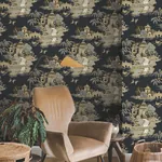 York Wallcoverings Pagoda And Sampan Scenic Black Wallpaper - SKU RT7902