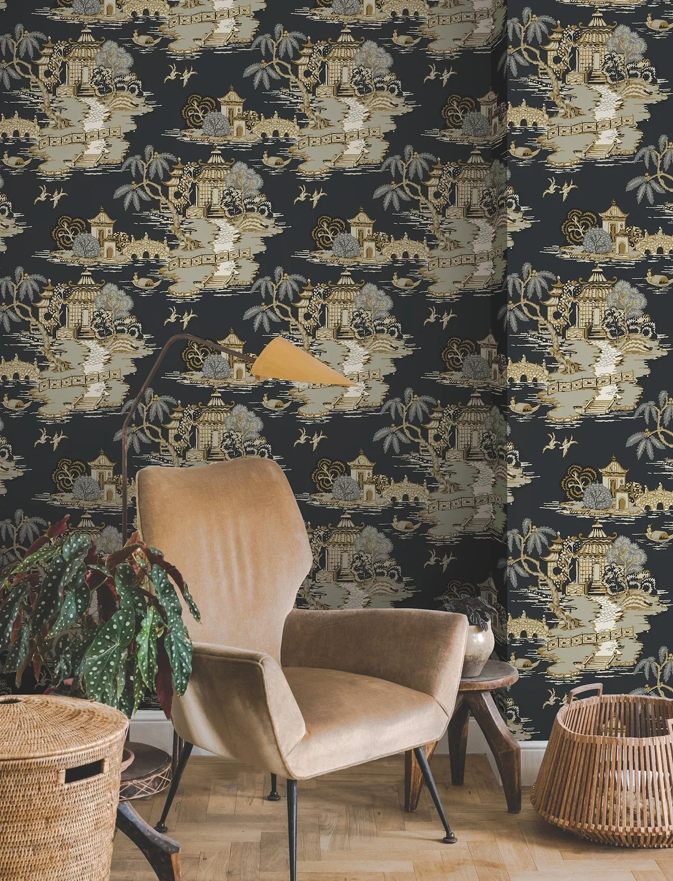 York Wallcoverings Pagoda And Sampan Scenic Black Wallpaper - SKU RT7902