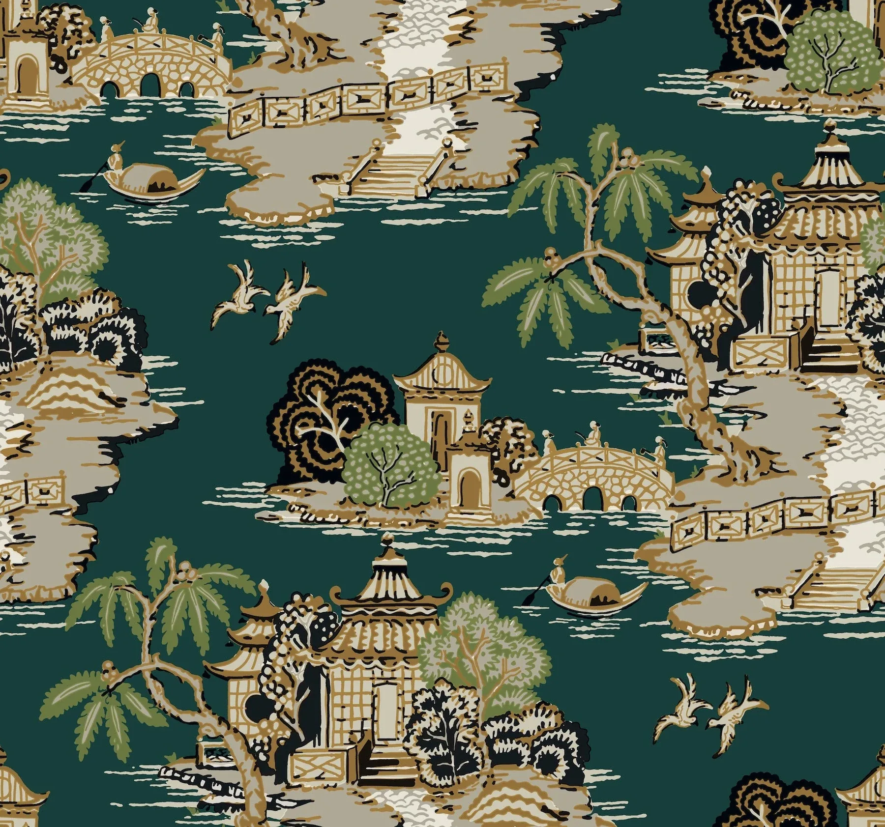 RT7903 | Pagoda And Sampan Scenic Forest Wallpaper