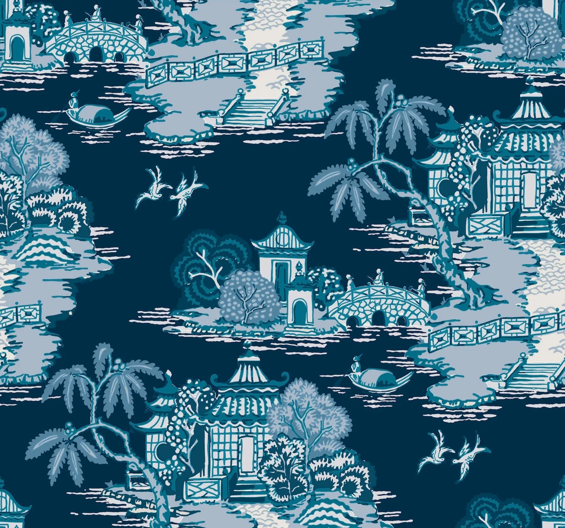 RT7901 | Pagoda And Sampan Scenic Navy Wallpaper