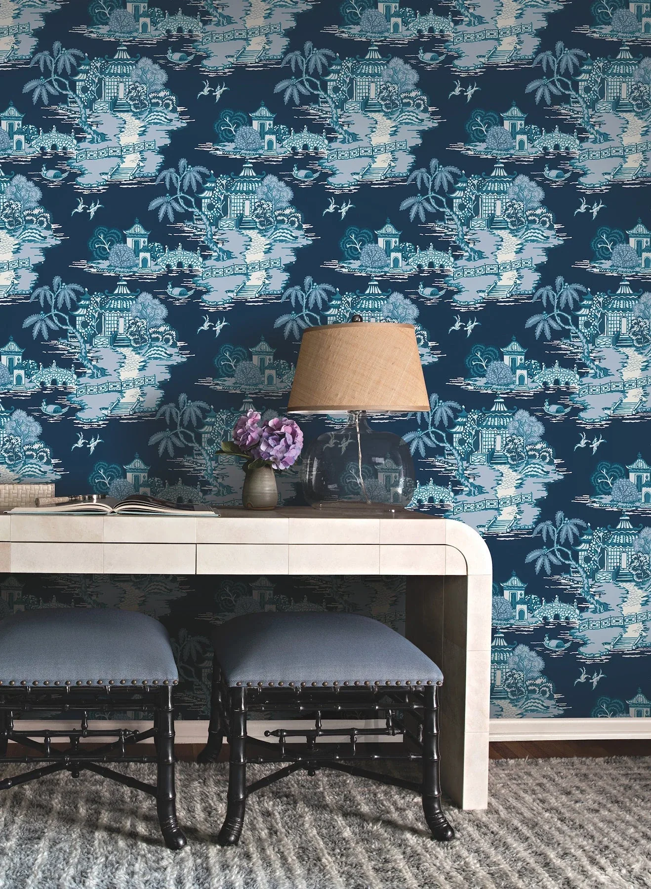 York Wallcoverings Pagoda And Sampan Scenic Navy Wallpaper - SKU RT7901
