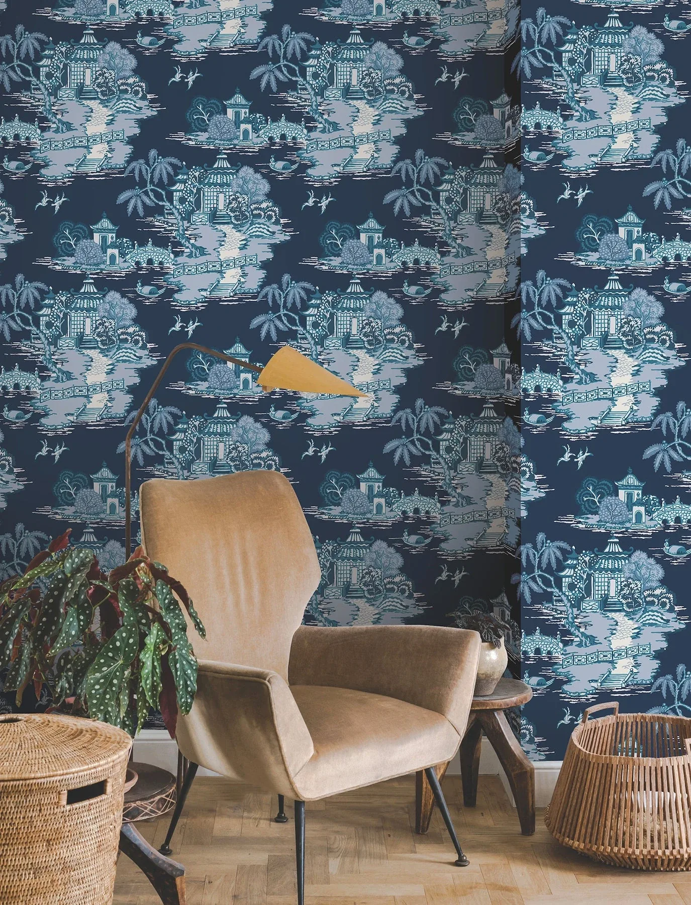 York Wallcoverings Pagoda And Sampan Scenic Navy Wallpaper - SKU RT7901
