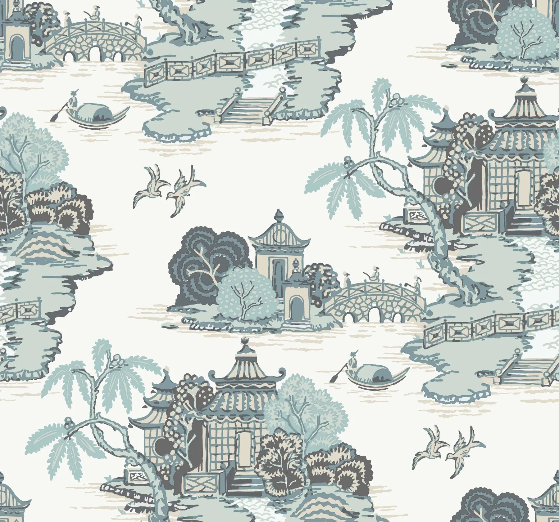 RT7904 | Pagoda And Sampan Scenic Seamist Wallpaper