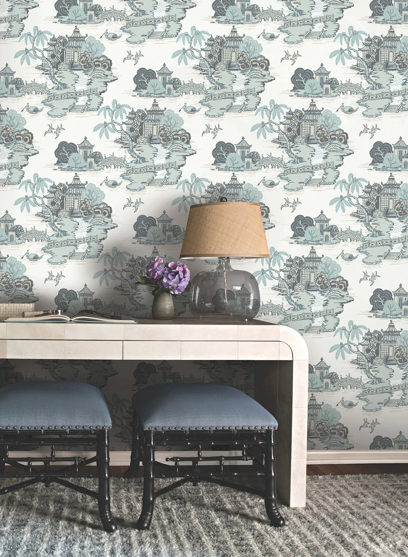 York Wallcoverings Pagoda And Sampan Scenic Seamist Wallpaper - SKU RT7904