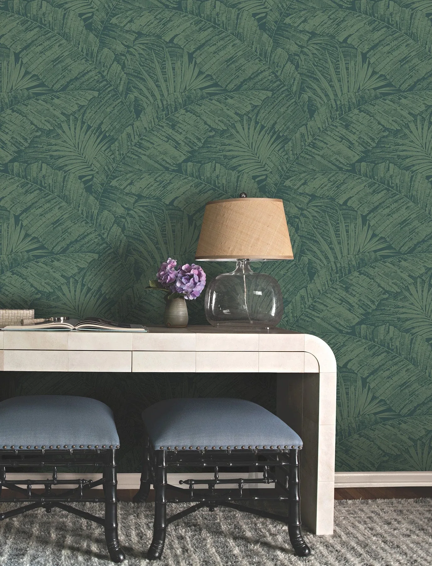 York Wallcoverings Palm Cove Toile Emerald Forest Wallpaper - SKU RT7924
