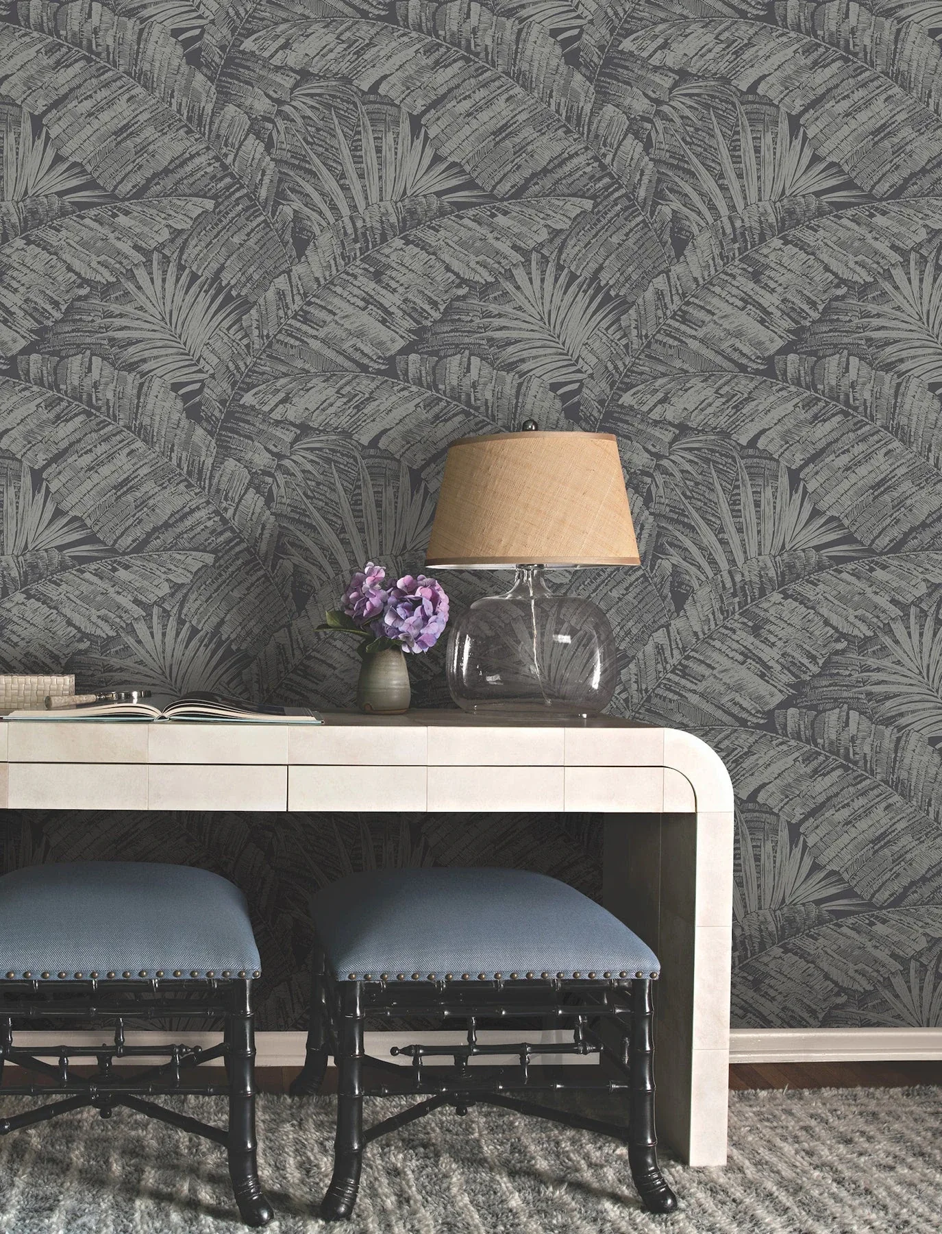 York Wallcoverings Palm Cove Toile Silver & Black Wallpaper - SKU RT7923