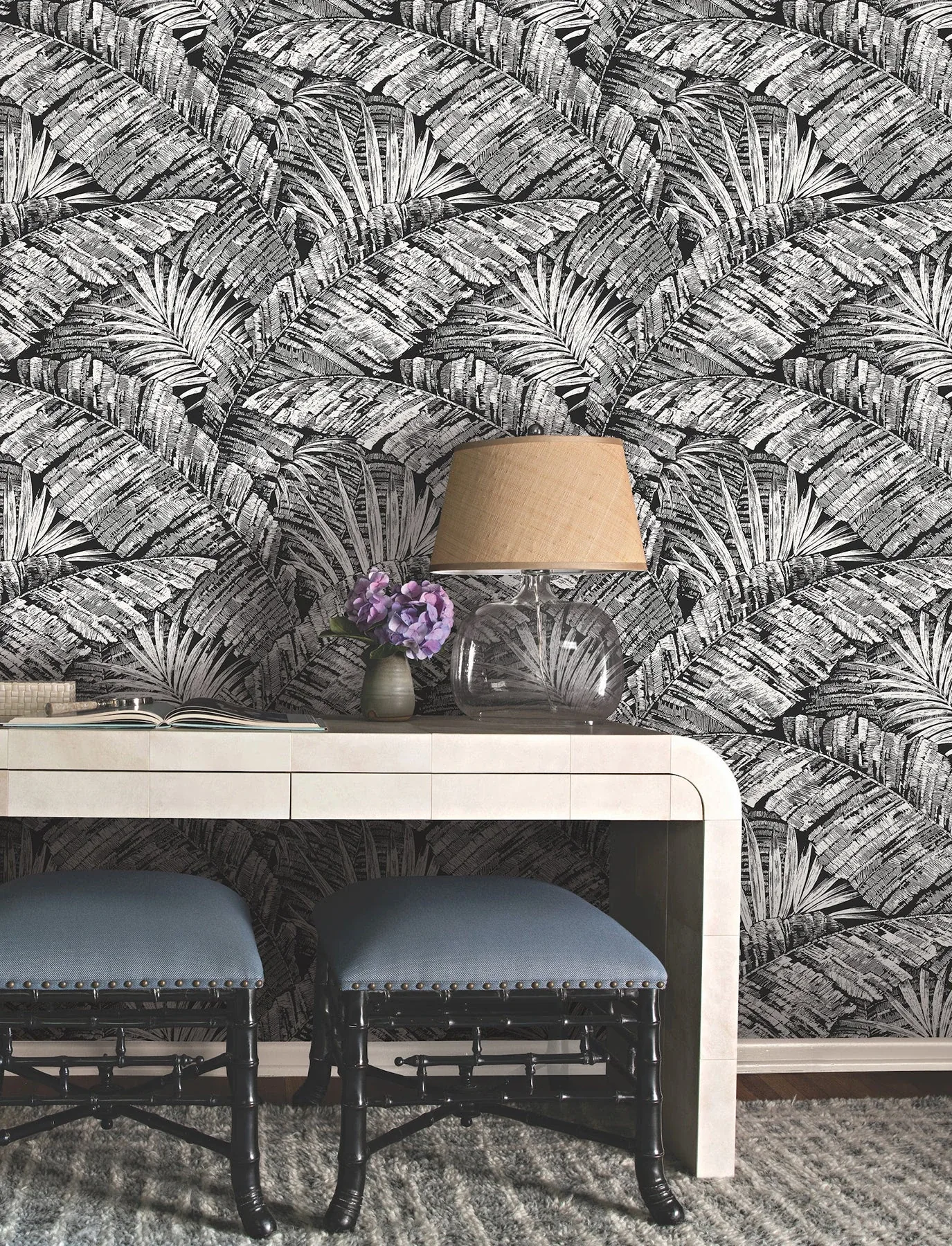 York Wallcoverings Palm Cove Toile White & Black Wallpaper - SKU RT7921