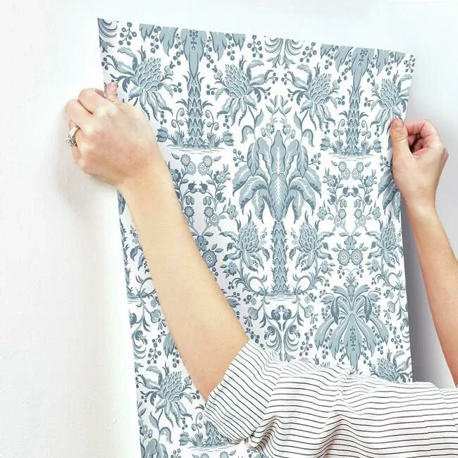 York Wallcoverings Palmetto Palm Damask Blue Wallpaper - SKU DM5012