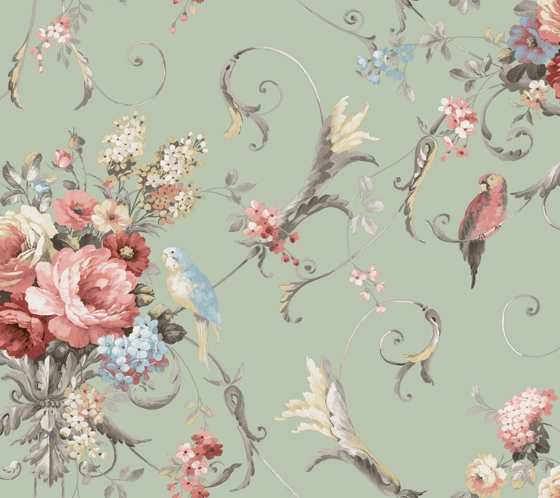 PSW1361RL | Parrots with Floral Bouquets Eucalyptus Peel & Stick Wallpaper