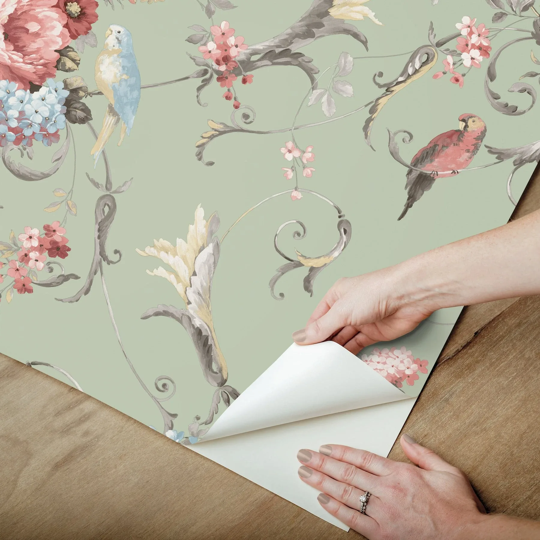 York Wallcoverings Parrots with Floral Bouquets Eucalyptus Peel & Stick Wallpaper - SKU PSW1361RL