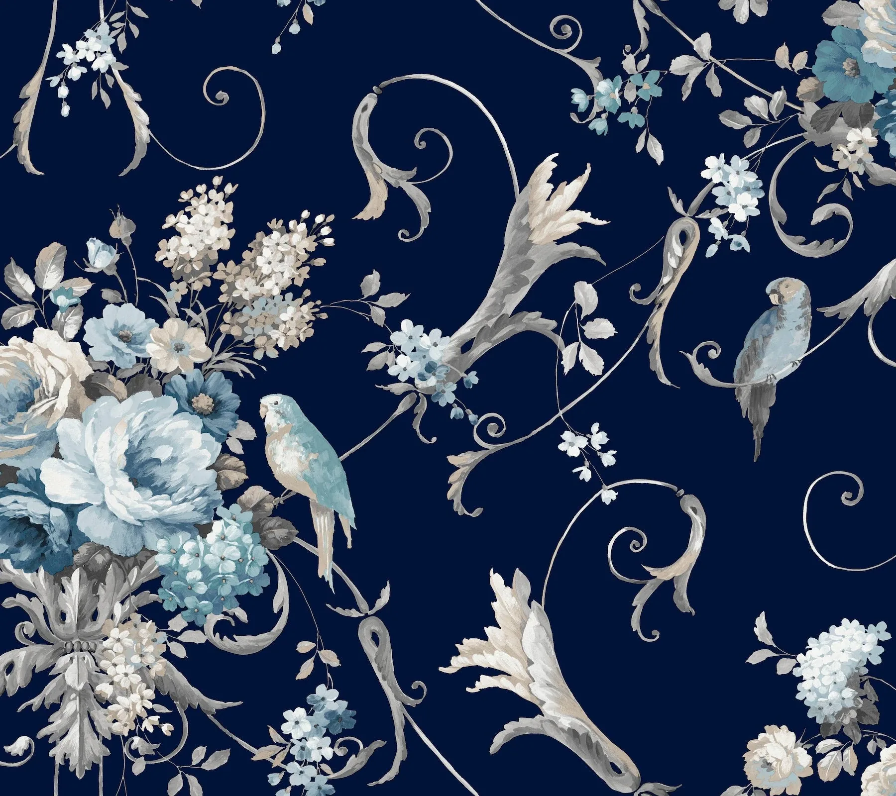 PSW1360RL | Parrots with Floral Bouquets Navy Peel & Stick Wallpaper