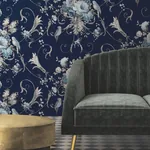 York Wallcoverings Parrots with Floral Bouquets Navy Peel & Stick Wallpaper | Wallpaper Twins York Wallcoverings Parrots with Floral Bouquets Navy Peel & Stick Wallpaper - SKU PSW1360RL
