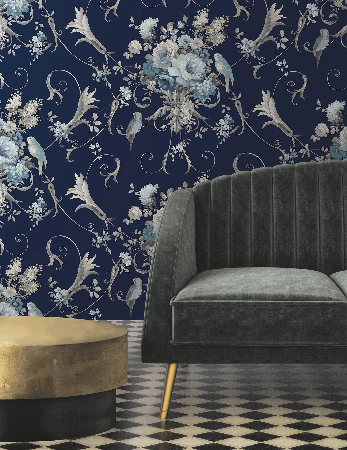York Wallcoverings Parrots with Floral Bouquets Navy Peel & Stick Wallpaper | Wallpaper Twins York Wallcoverings Parrots with Floral Bouquets Navy Peel & Stick Wallpaper - SKU PSW1360RL