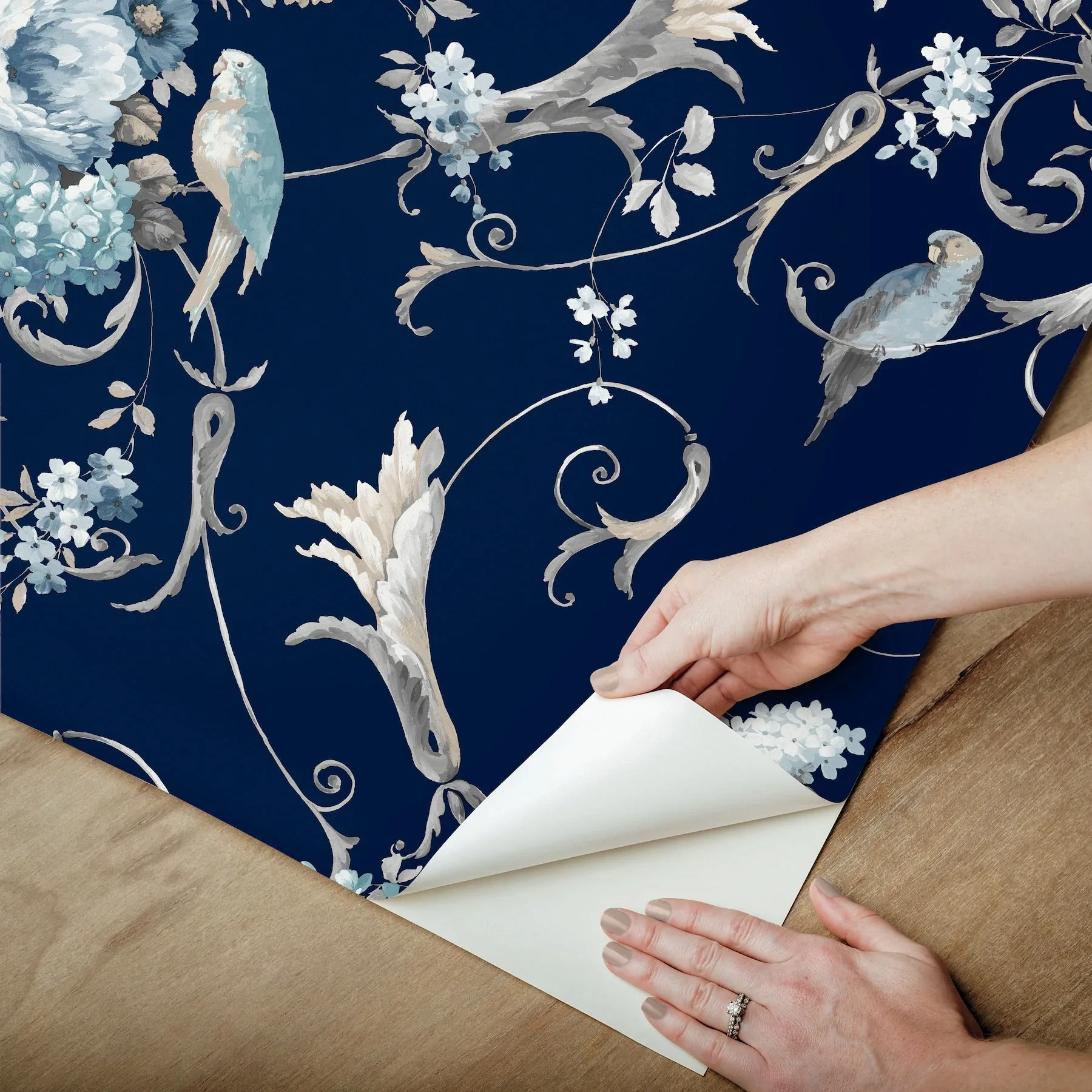York Wallcoverings Parrots with Floral Bouquets Navy Peel & Stick Wallpaper | Wallpaper Twins York Wallcoverings Parrots with Floral Bouquets Navy Peel & Stick Wallpaper - SKU PSW1360RL