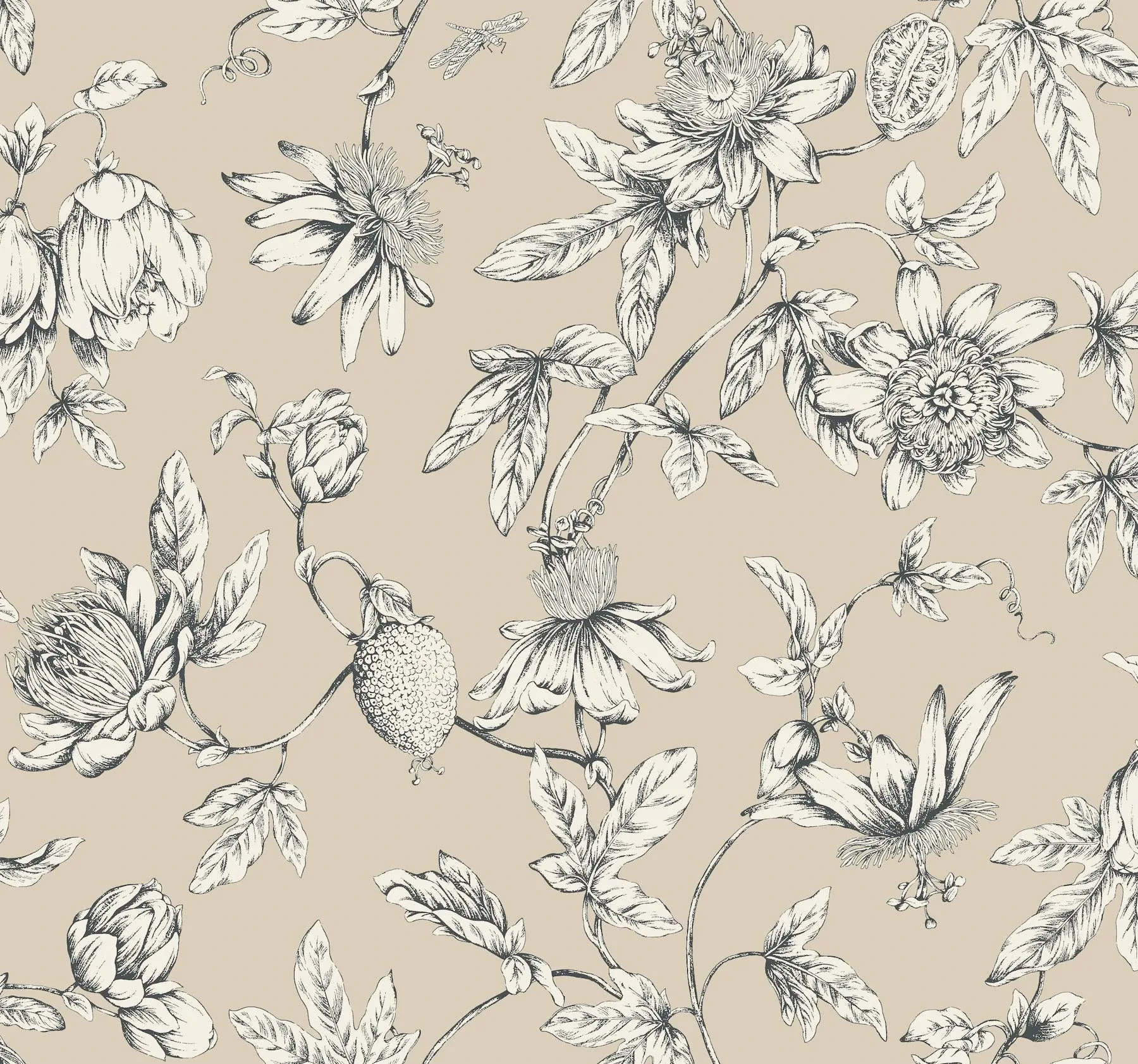 York Wallcoverings Passion Flower Toile Beige Wallpaper - SKU RT7854