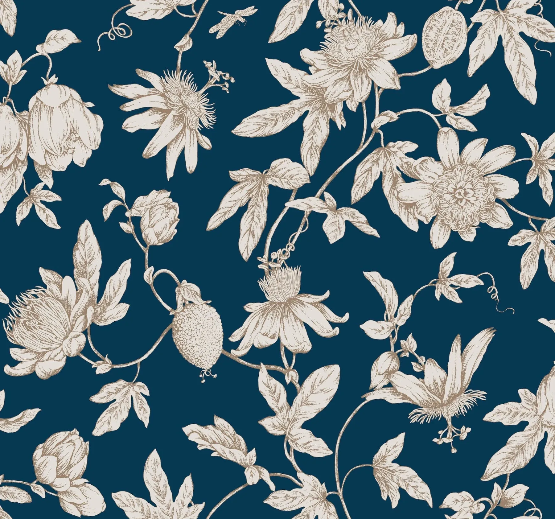 RT7856 | Passion Flower Toile Navy Wallpaper