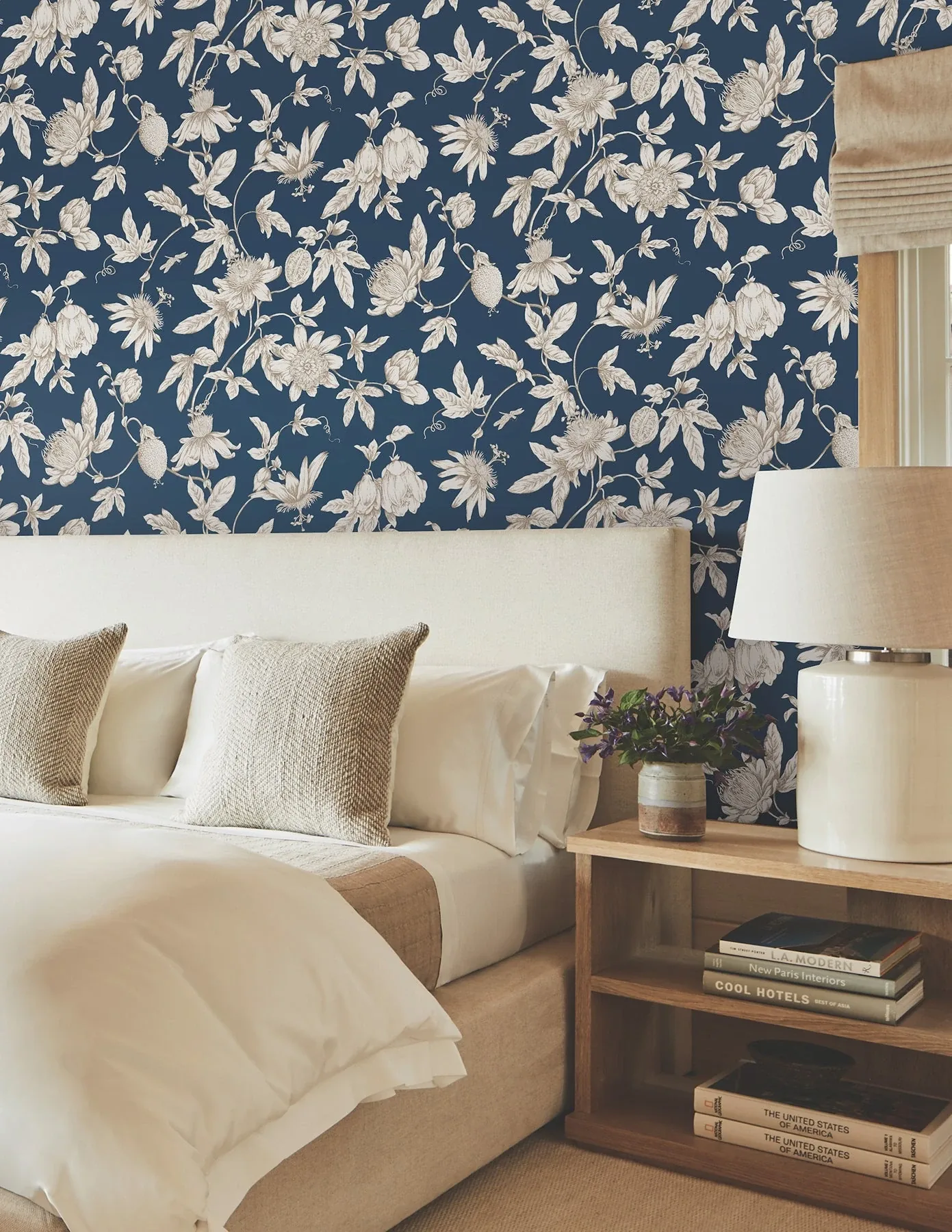 York Wallcoverings Passion Flower Toile Navy Wallpaper - SKU RT7856