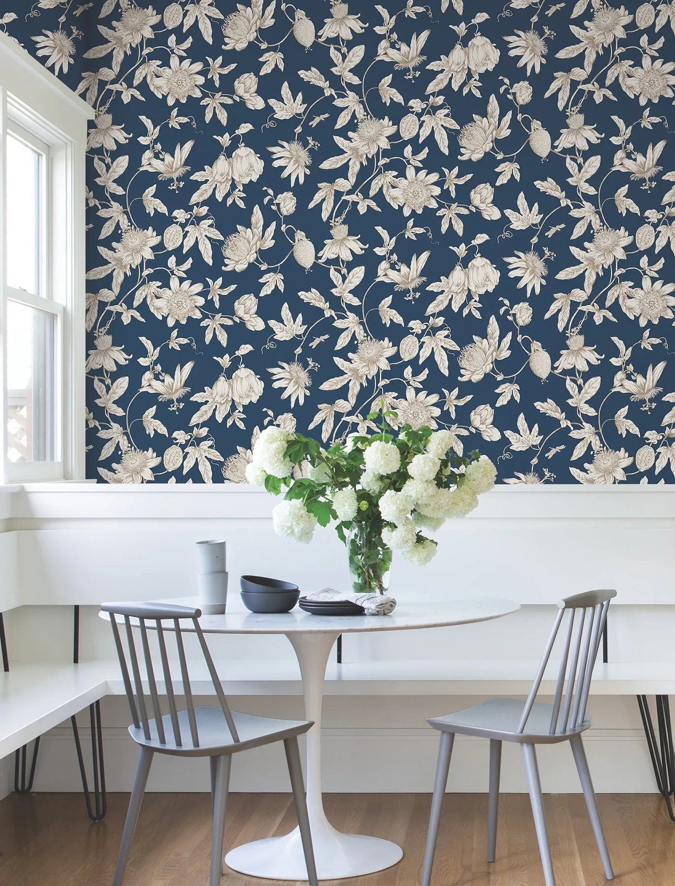 York Wallcoverings Passion Flower Toile Navy Wallpaper - SKU RT7856