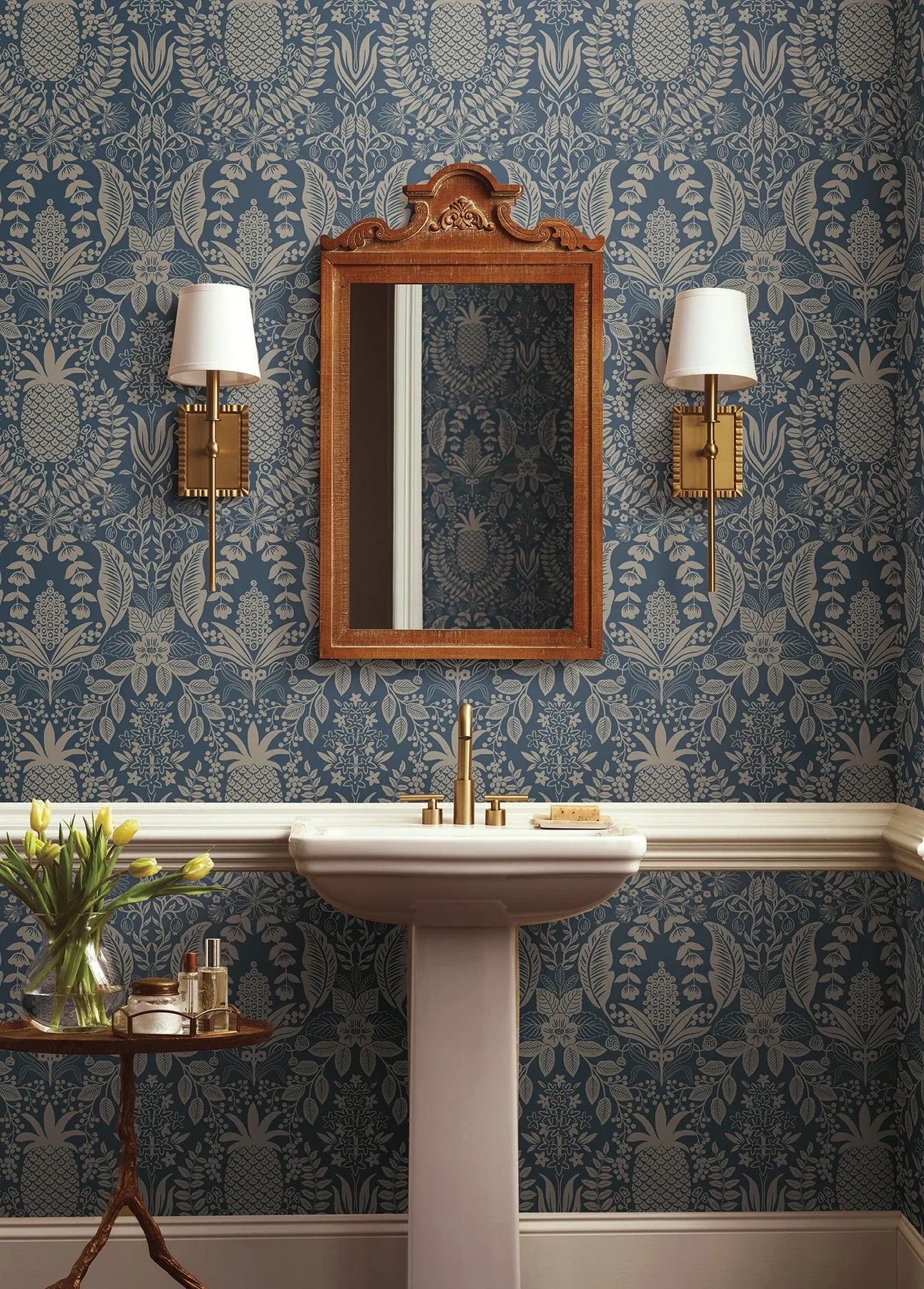 York Wallcoverings Pineapple Damask Navy Wallpaper - SKU RF7486