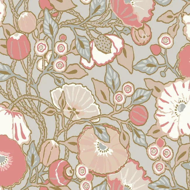 York Wallcoverings Poppies Grey & Pink Metallic Wallpaper - SKU GO8314