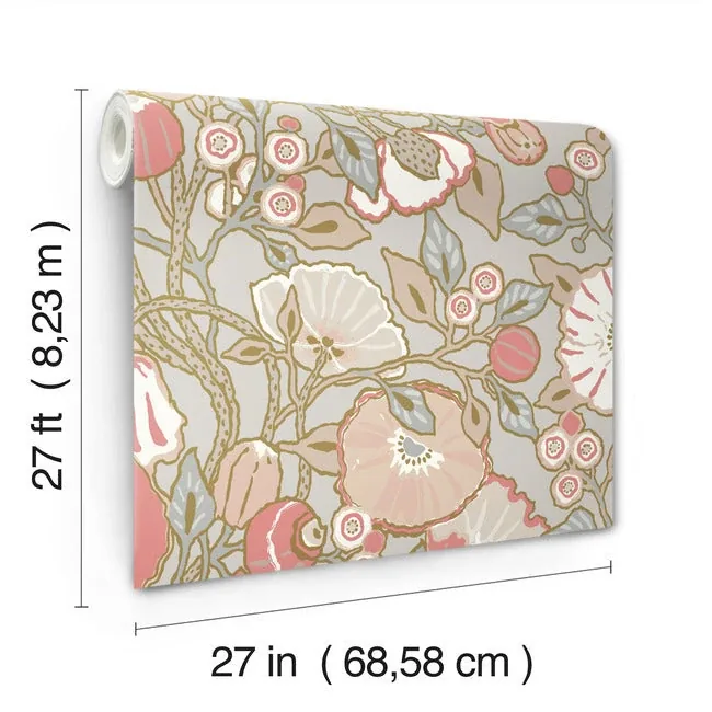 York Wallcoverings Poppies Grey & Pink Metallic Wallpaper - SKU GO8314