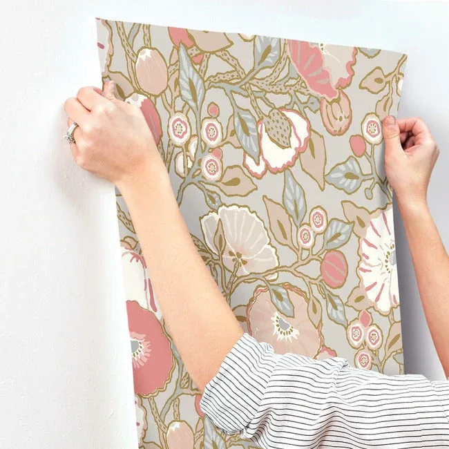York Wallcoverings Poppies Grey & Pink Metallic Wallpaper | Wallpaper Twins York Wallcoverings Poppies Grey & Pink Metallic Wallpaper - SKU GO8314