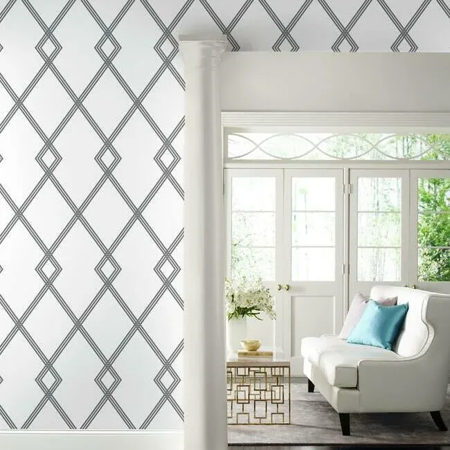 York Wallcoverings Ribbon Stripe Trellis White & Black Wallpaper - SKU CY1509