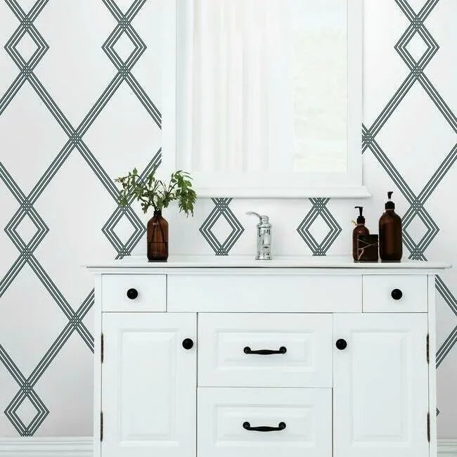 York Wallcoverings Ribbon Stripe Trellis White & Black Wallpaper - SKU CY1509