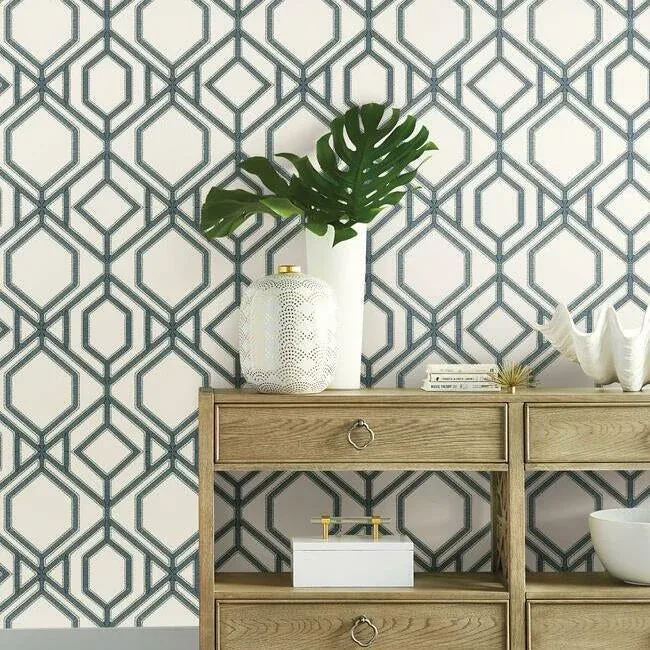 York Wallcoverings Sawgrass Trellis White & Blue Wallpaper - SKU TC2634